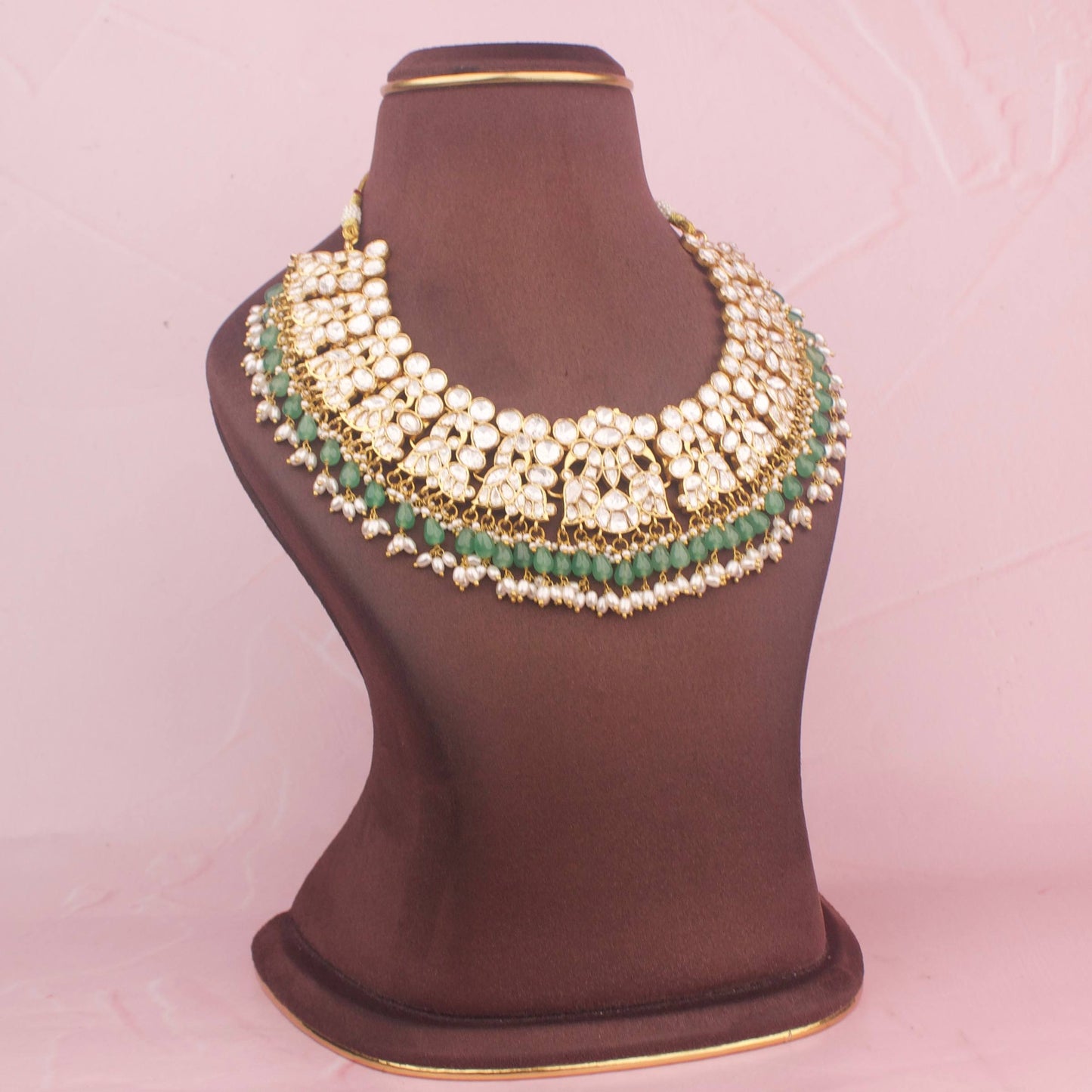 Close-Up Detail View of Opulent Moissanite Polki Necklace With Green Beads & Pearls As Hangings | Dulhan Jewels