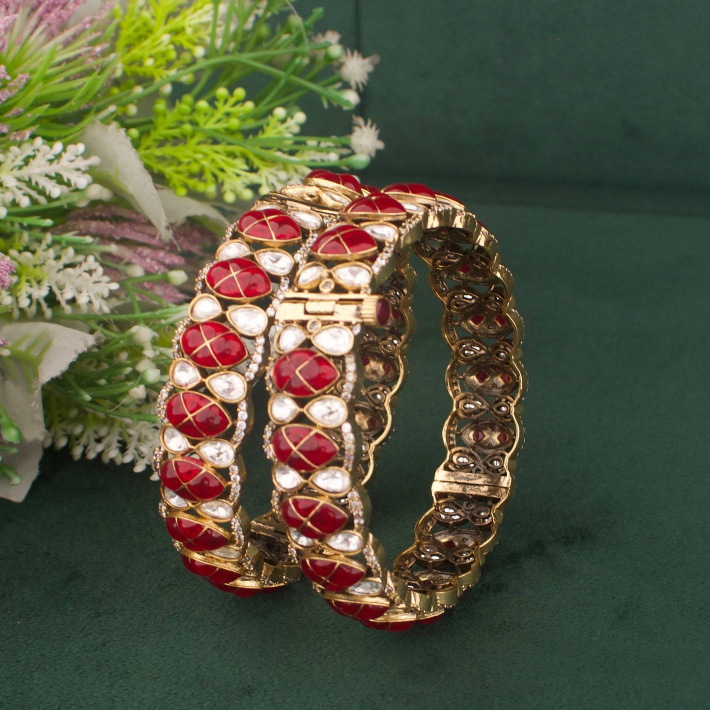 Close-Up Detail View of Elegant Design Fusion Kundan & Polki Victorian Bangles | Dulhan Jewels