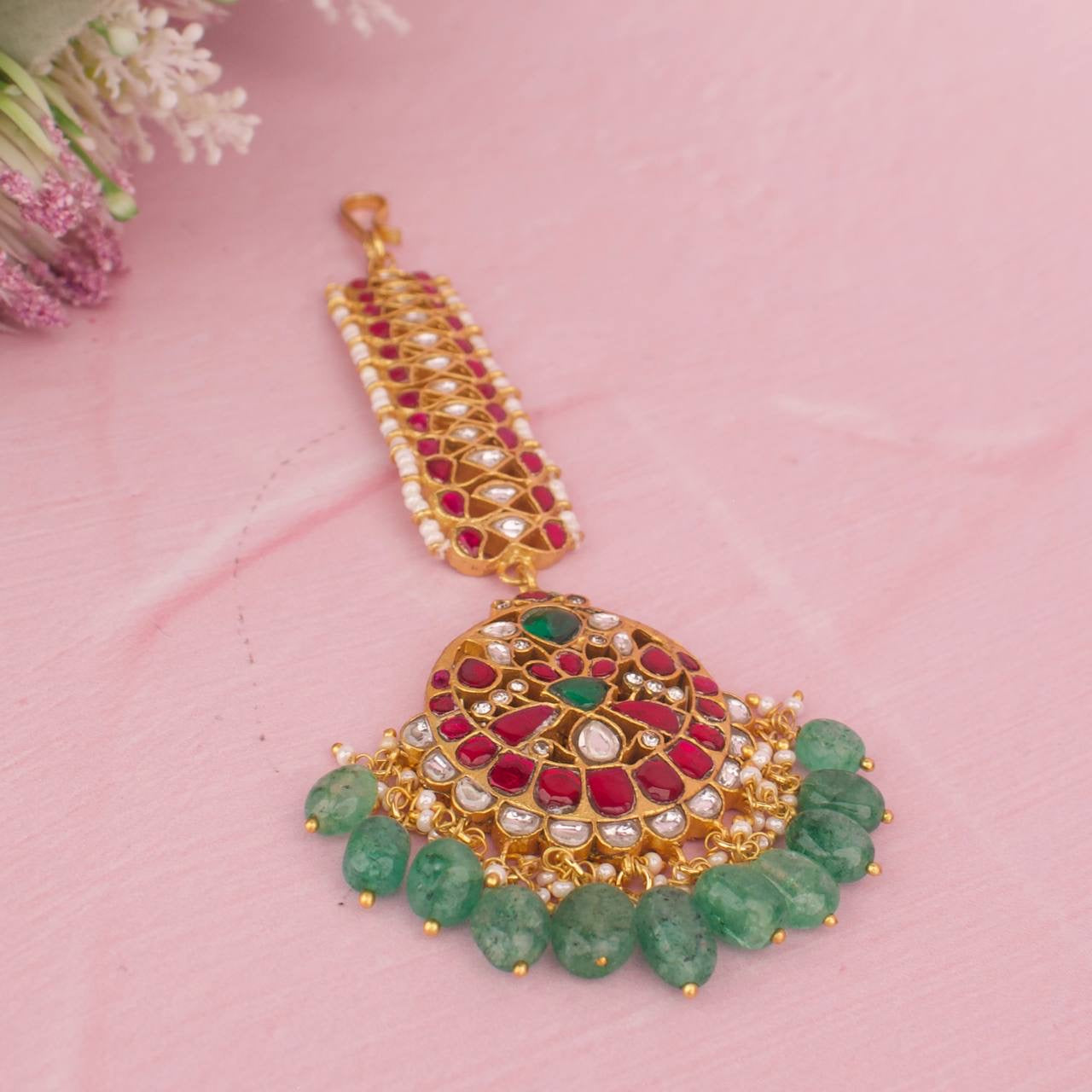 Bridal Jadau Kundan Maangtika With Strawberry Beads As Hangings