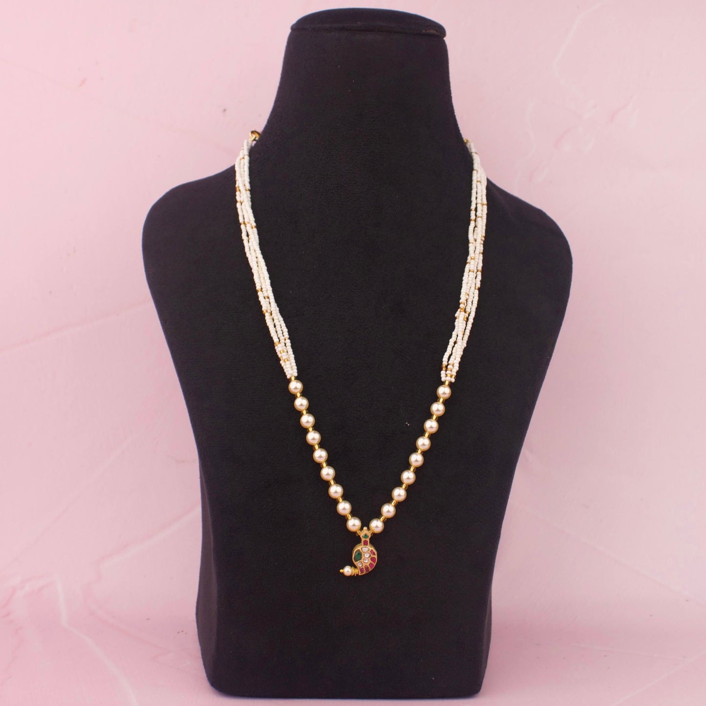 Elegant Jadau Kundan Pearl Mala Necklace With Designer Mango Pendant And Pearl Drop