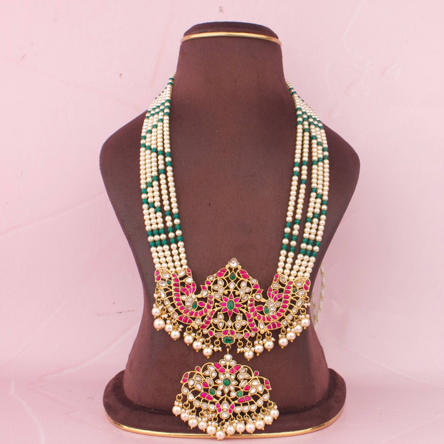 Exclusive Jadau Kundan Pearl Necklace With Green Beads And Pendant