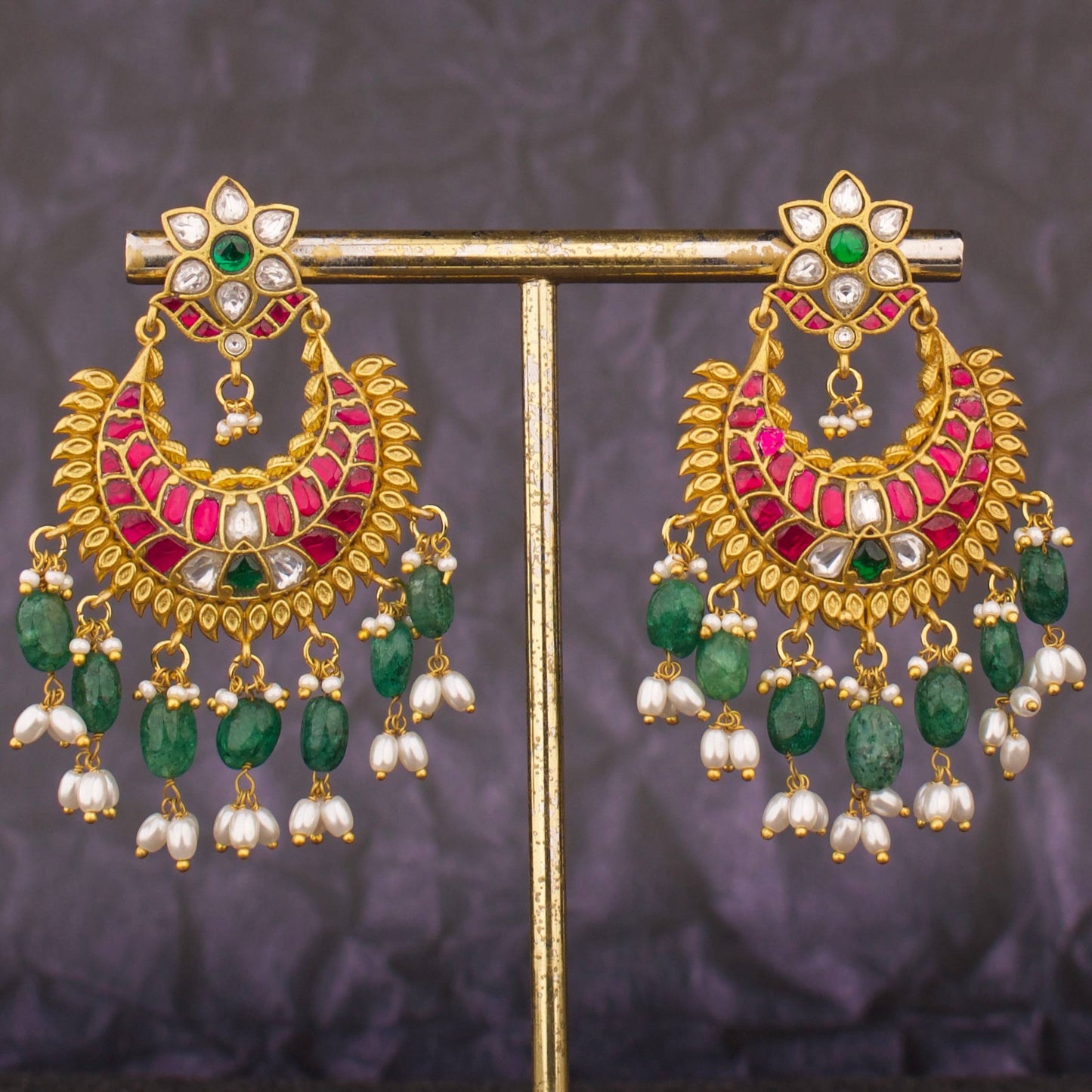 Floral Studded Jadau Kundan Chandbali Earrings With Pearl & Beads Hanging
