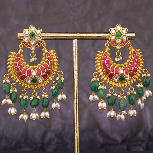 Floral Studded Jadau Kundan Chandbali Earrings With Pearl & Beads Hanging