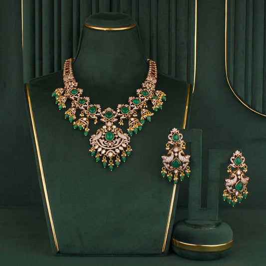 Stylish Designer Fusion Moissanite Polki Necklace With Matching Earrings