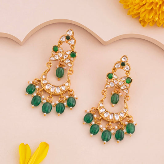Moissanite Polki Chandbali Earrings With Beads Hanging - Handcrafted Indian Bridal Jewelry by Dulhan Jewels