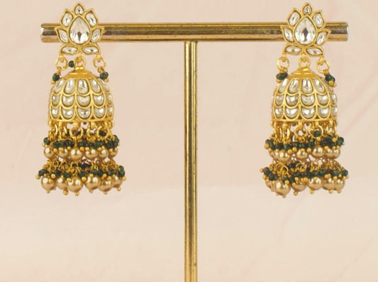Gold Style Lotus Design Studded Jadau Kundan Jhumki - DULHAN JEWELS
