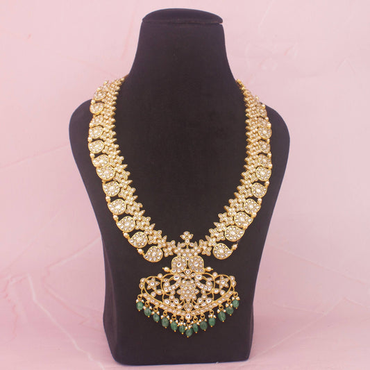 Exquisite Mango Haram Necklace With Green Drops - Premium Indian Ethnic Jewelry | Dulhan Jewels