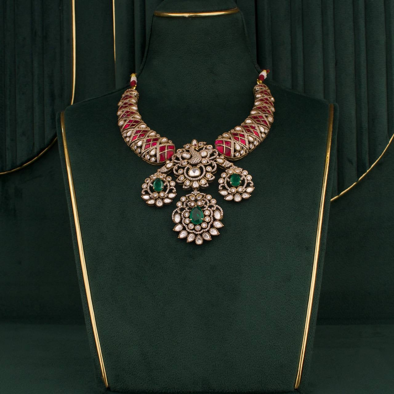 Victorian Kundan Moissanite Polki Necklace Set With Matching Earrings