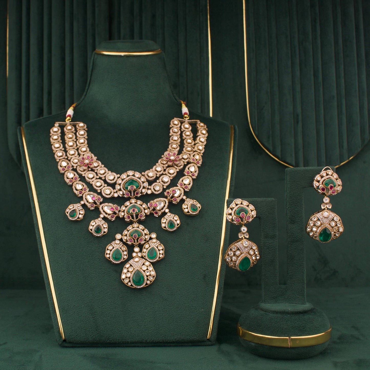 Victorian Ruby Emerald Polki Bridal Statement Necklace Set With Matching Earrings