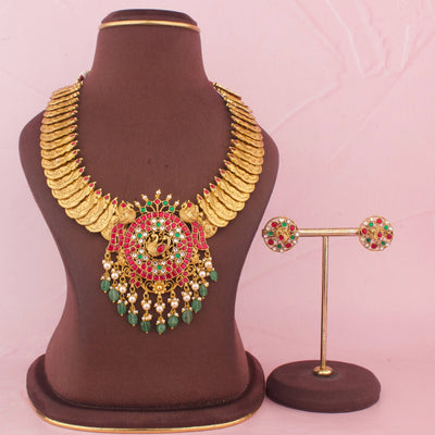 Gold Inspired Jadau Kundan Kasulu Haram With Earrings - Handcrafted Indian Bridal Jewelry by Dulhan Jewels