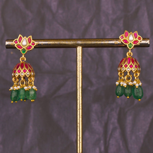 Lotus Studded Jadau Kundan Jhumki Earrings With Green Beads As Hangings