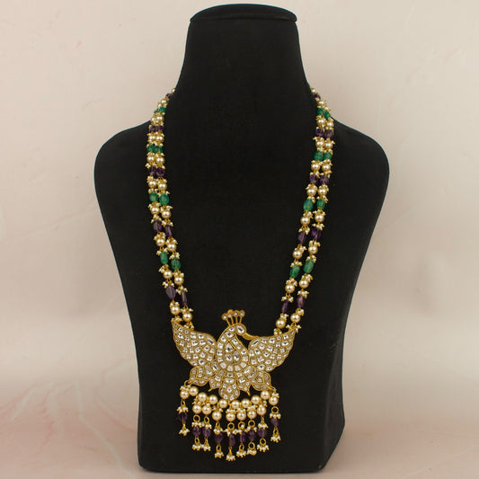 Majestic Peacock Jadau Kundan Necklace with Beads