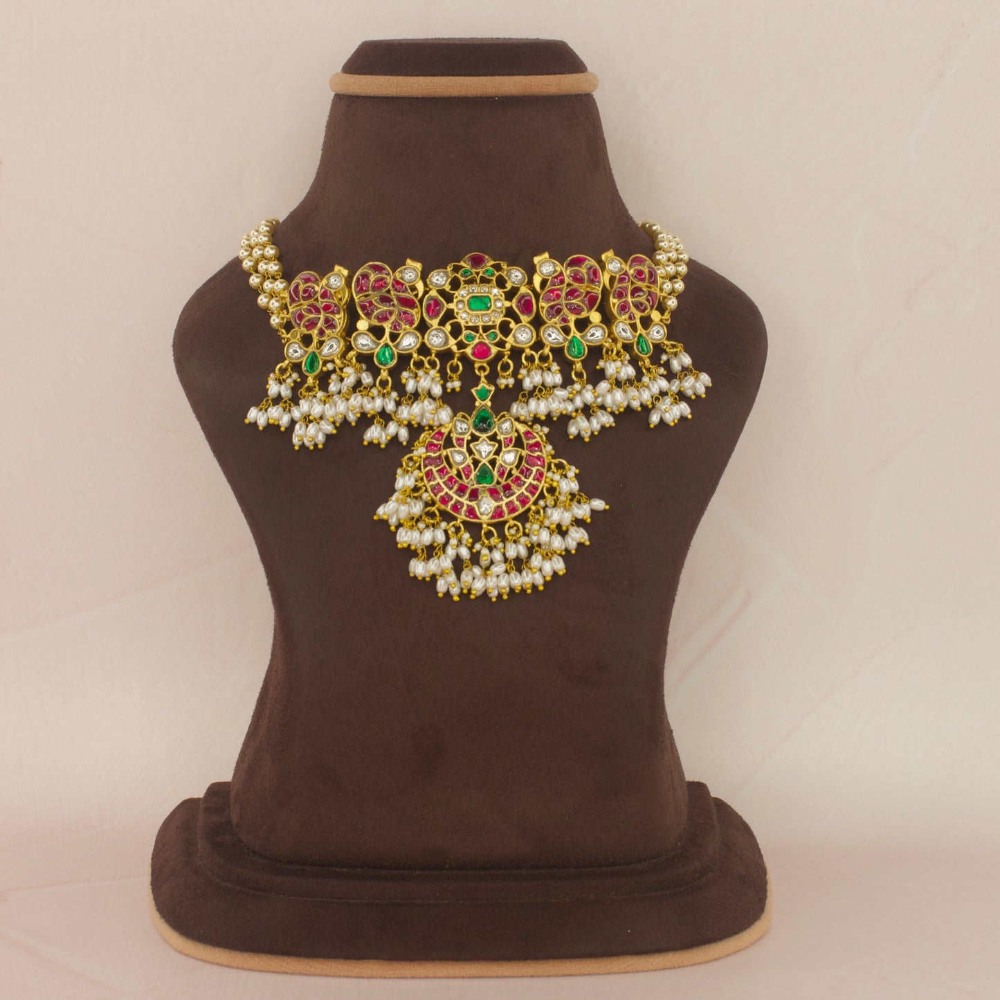 Grand Peacock design Jadau Kundan Ricepearl Choker - DULHAN JEWELS