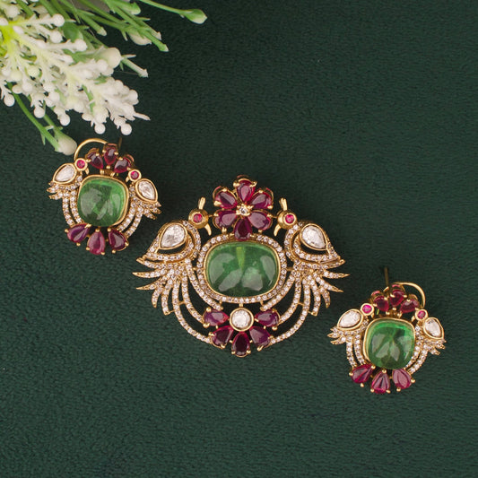 Stylish Victorian Emerald Pendant With Earrings Matching Earrings