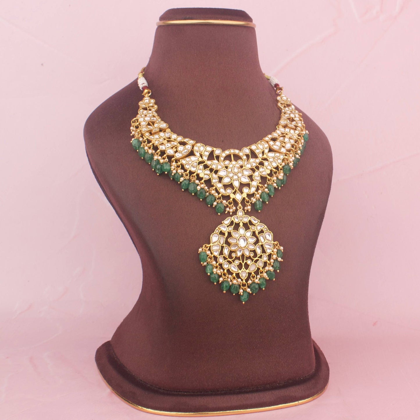 Close-Up Detail View of Gold Style Jadau Kundan Traditional  Necklace With Beads Hanging | Dulhan Jewels