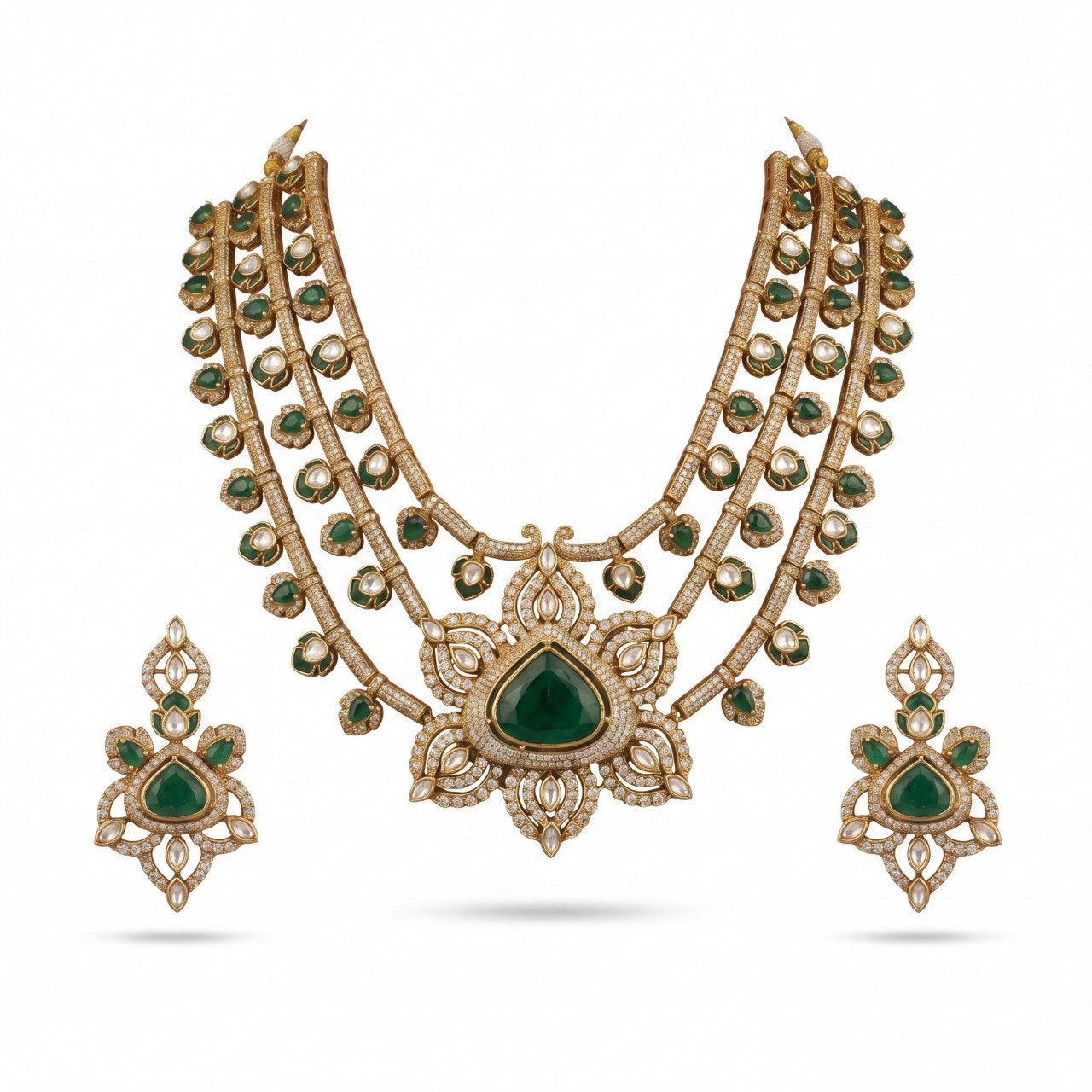 Majestic Multi-Layered Victorian Polki Necklace Set with Green Stones