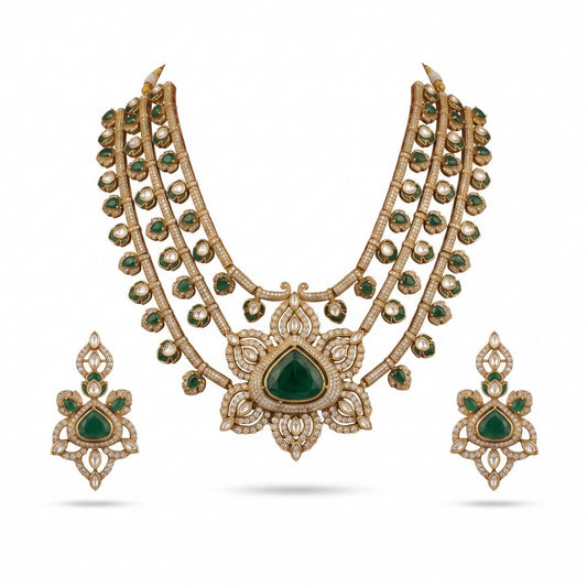 Majestic Multi-Layered Victorian Polki Necklace Set with Green Stones