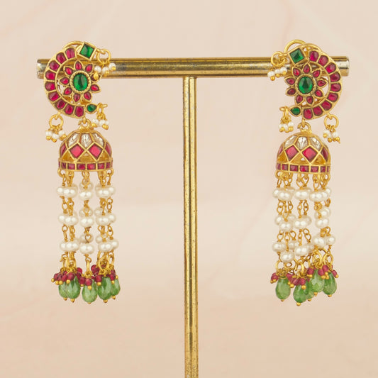 Lavish Floral Design Jadau Kundan Jhumki with White Beads Hanging
