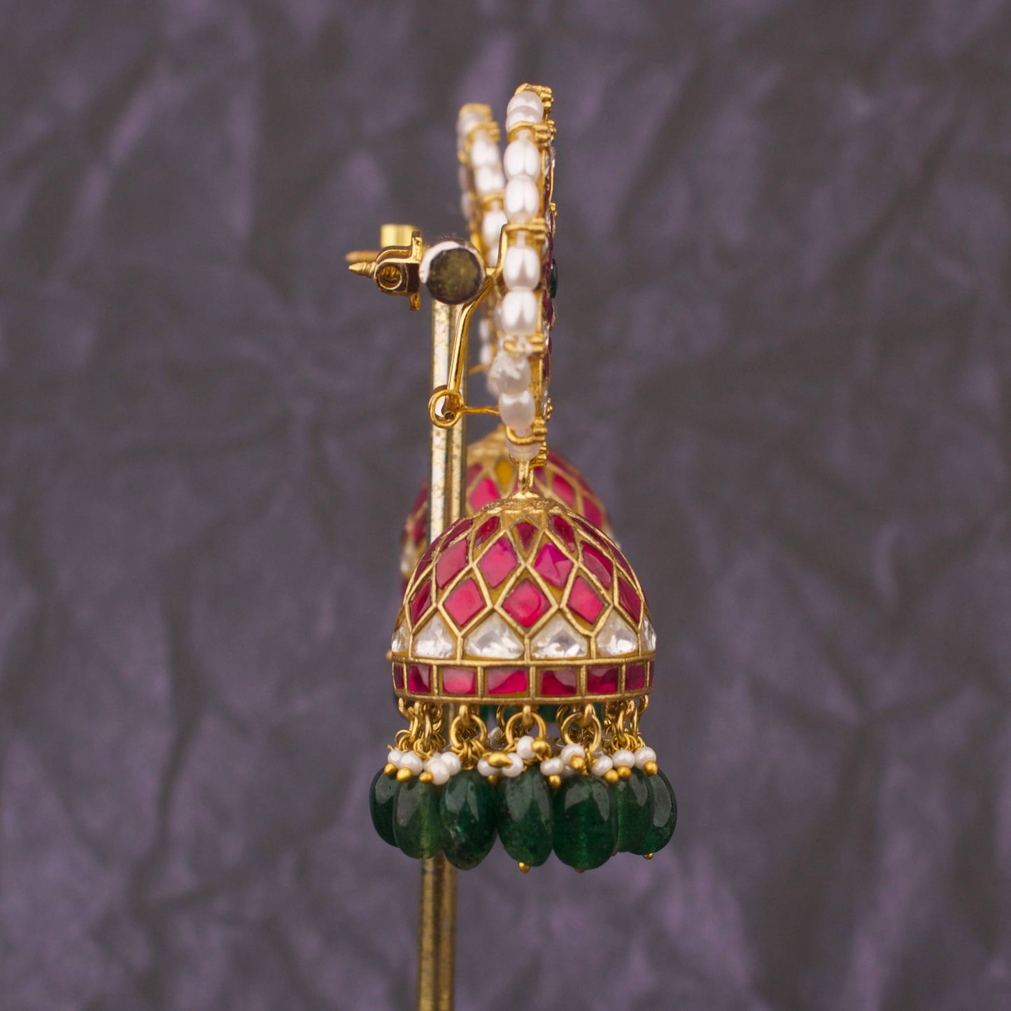Traditional Jadau Kundan Studded Floral Mandala Design Jhumka Earrings With Emerald Green Drops