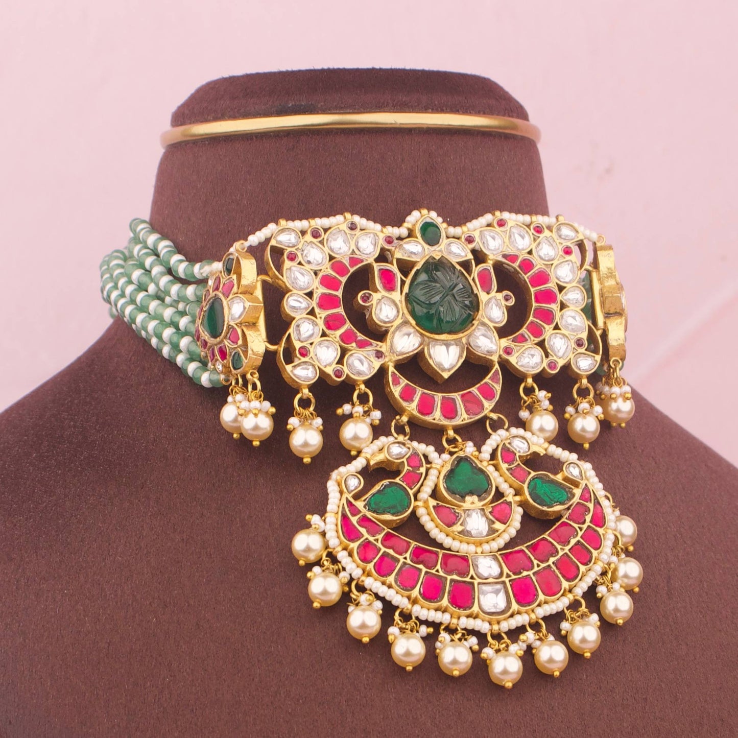 Close-Up Detail View of Royal Jadau Kundan Choker With Chand Locket | Dulhan Jewels
