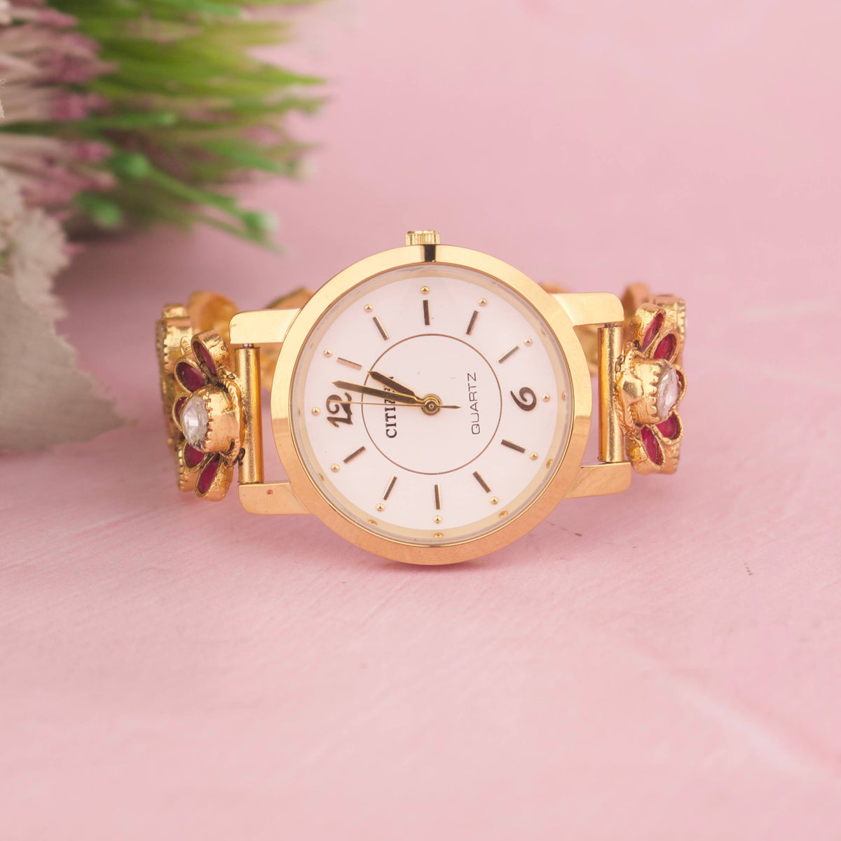 Designer Jadau Kundan Wrist Watch Close-up Design & Gemstone Detailing - Dulhan Jewels
