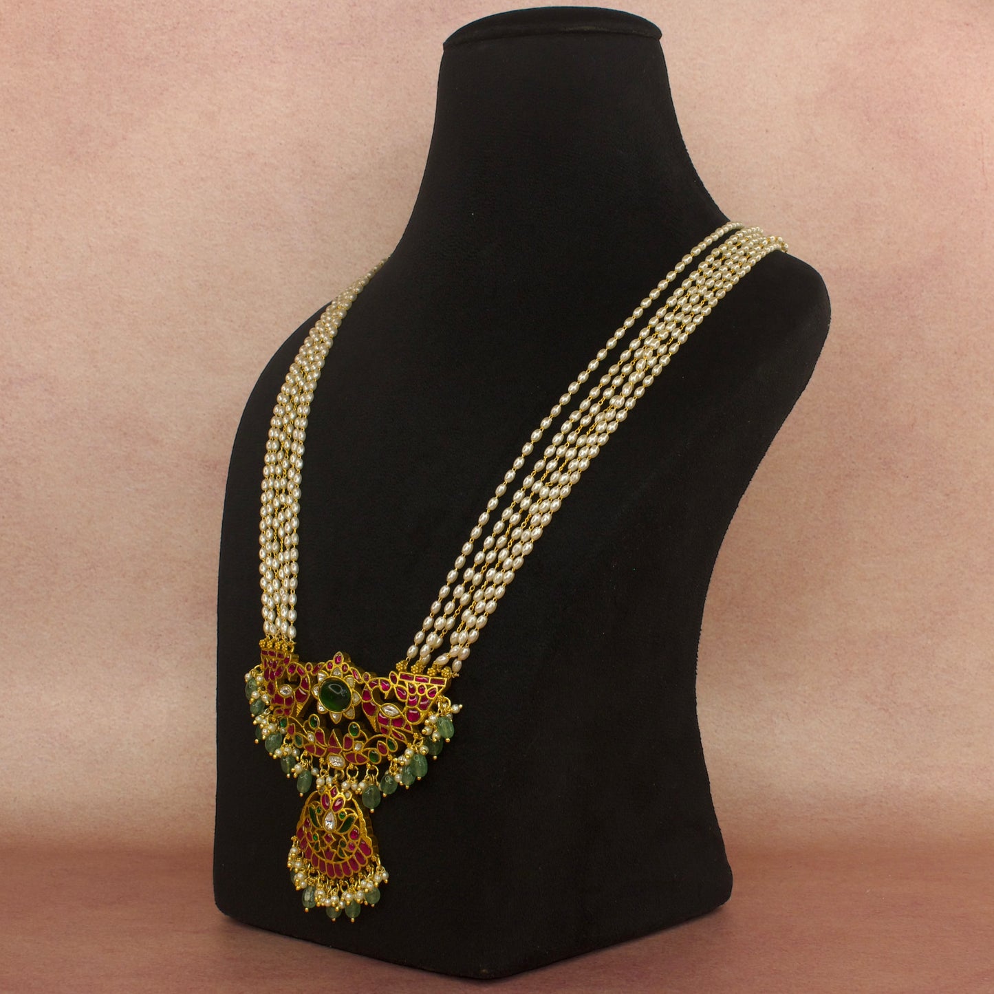 Traditional jadau kundan ricepearl rani haram with 22k gold plating