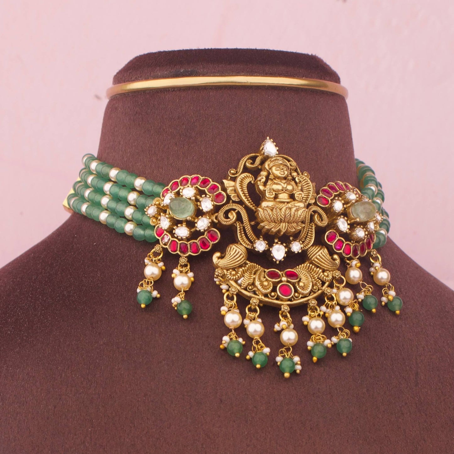 Traditional Beaded Choker Necklace Set With Lakshmi Devi Pendant