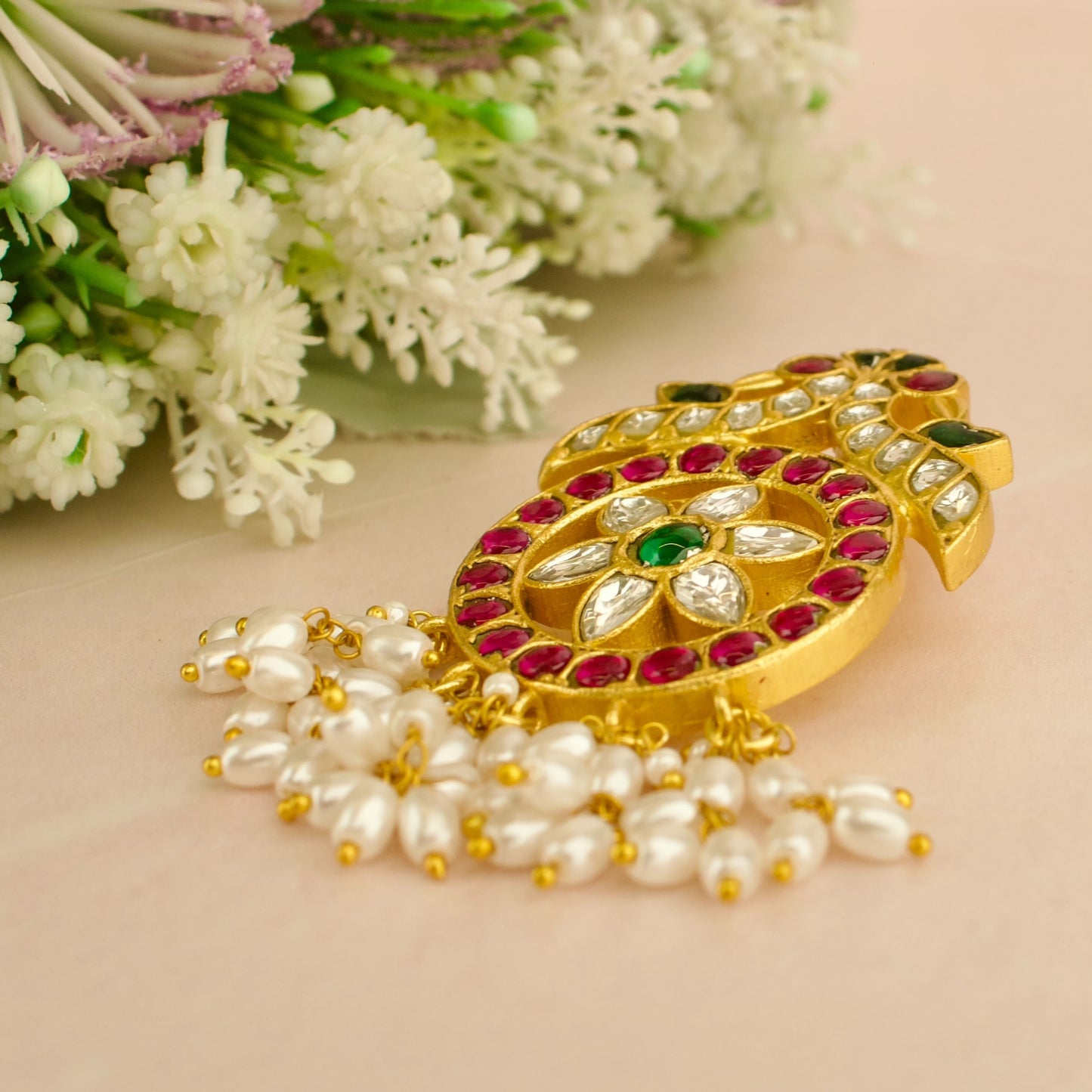 Lavish Floral Design Jadau Kundan Locket with Beads Hanging