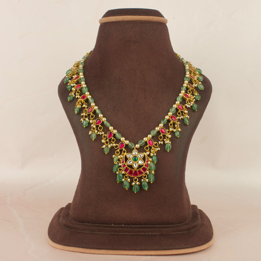 Flower Design Jadau Kundan Beads Short Necklace