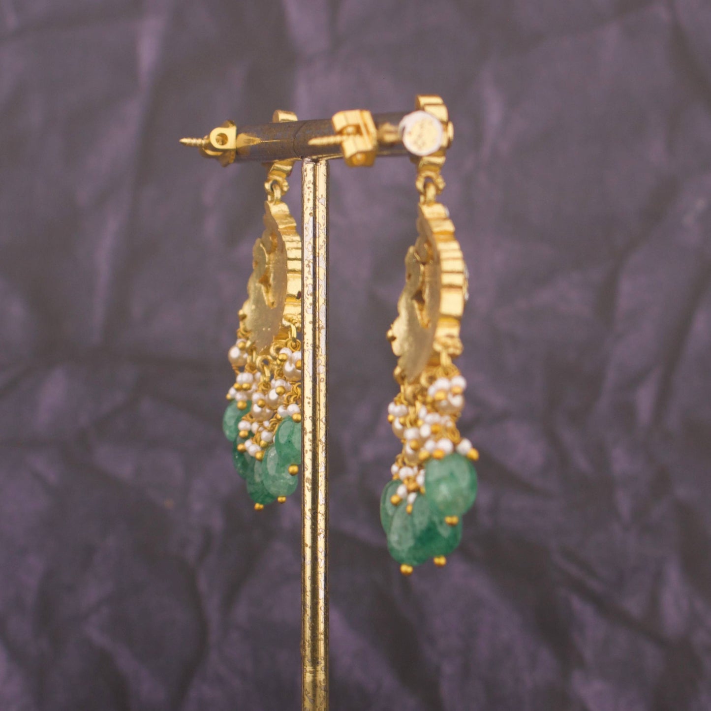 Elegant Jadau Kundan Chandbali Earrings With Emerald Beads