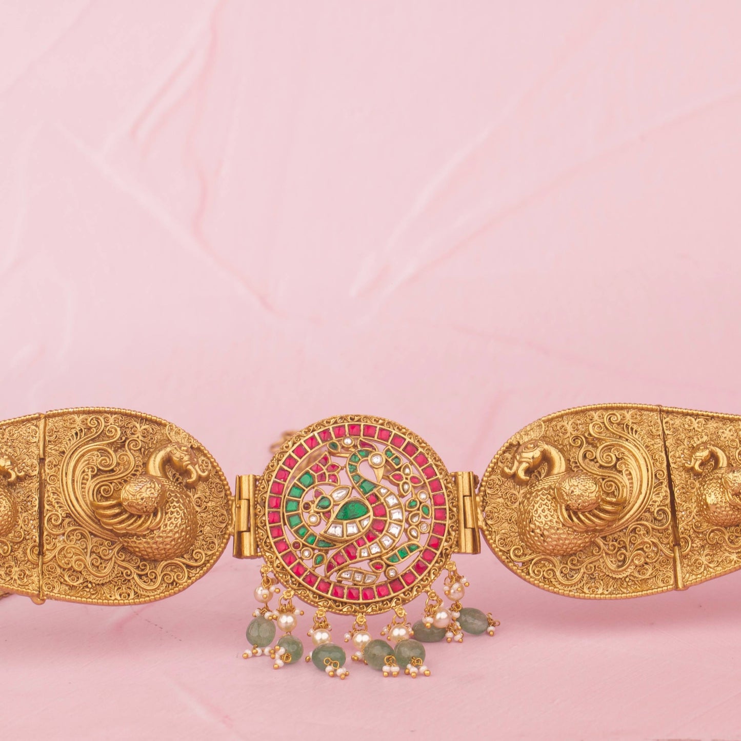 Temple Peacock Vaddanam Hip Belt With Pearls And Green Beads