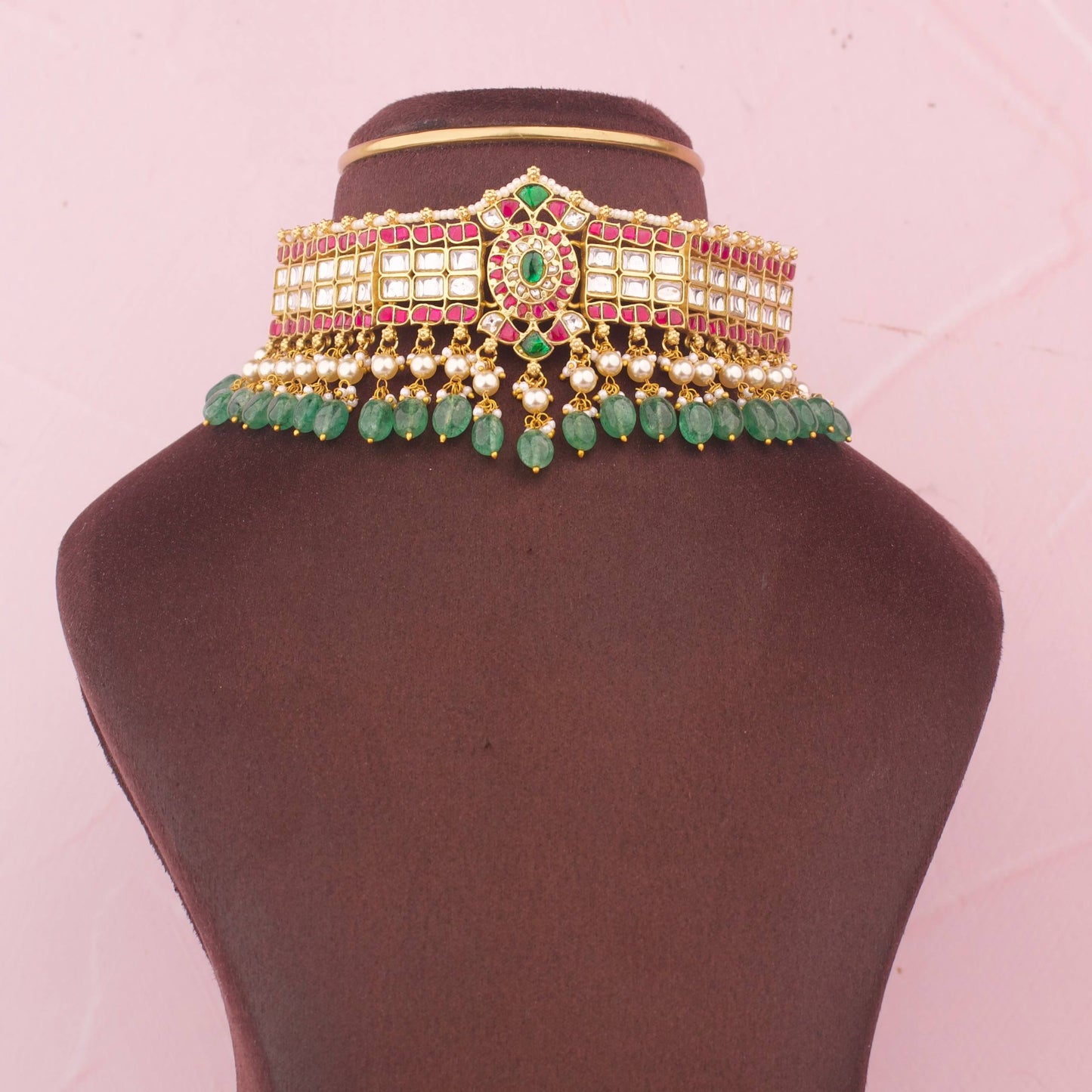 Traditional Jadau Kundan Choker With Pearl Layers And Green Beads