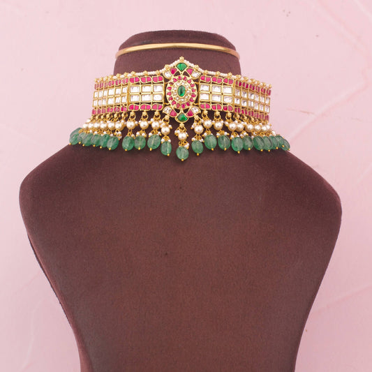 Traditional Jadau Kundan Choker With Pearl Layers And Green Beads
