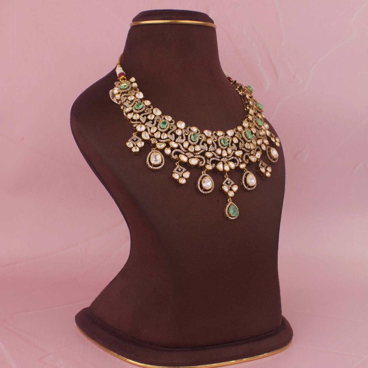 Elegant 925 Silver Moissanite Polki Necklace Set With Matching Earrings