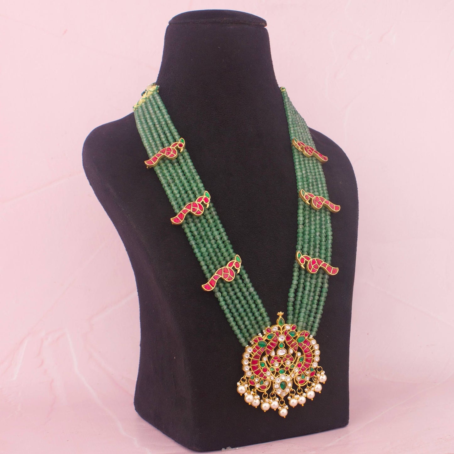 Royal Jadau Kundan Green Beads Mala With Pearl Pendant