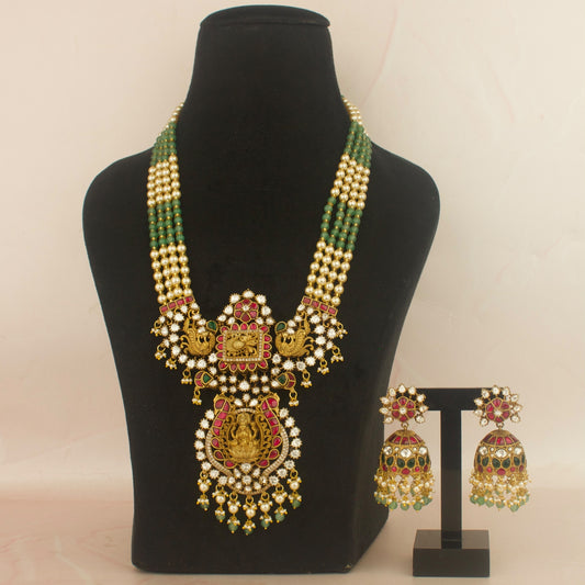 Divine Lakshmi Devi nakshi jadau necklace set with green beads and earrings