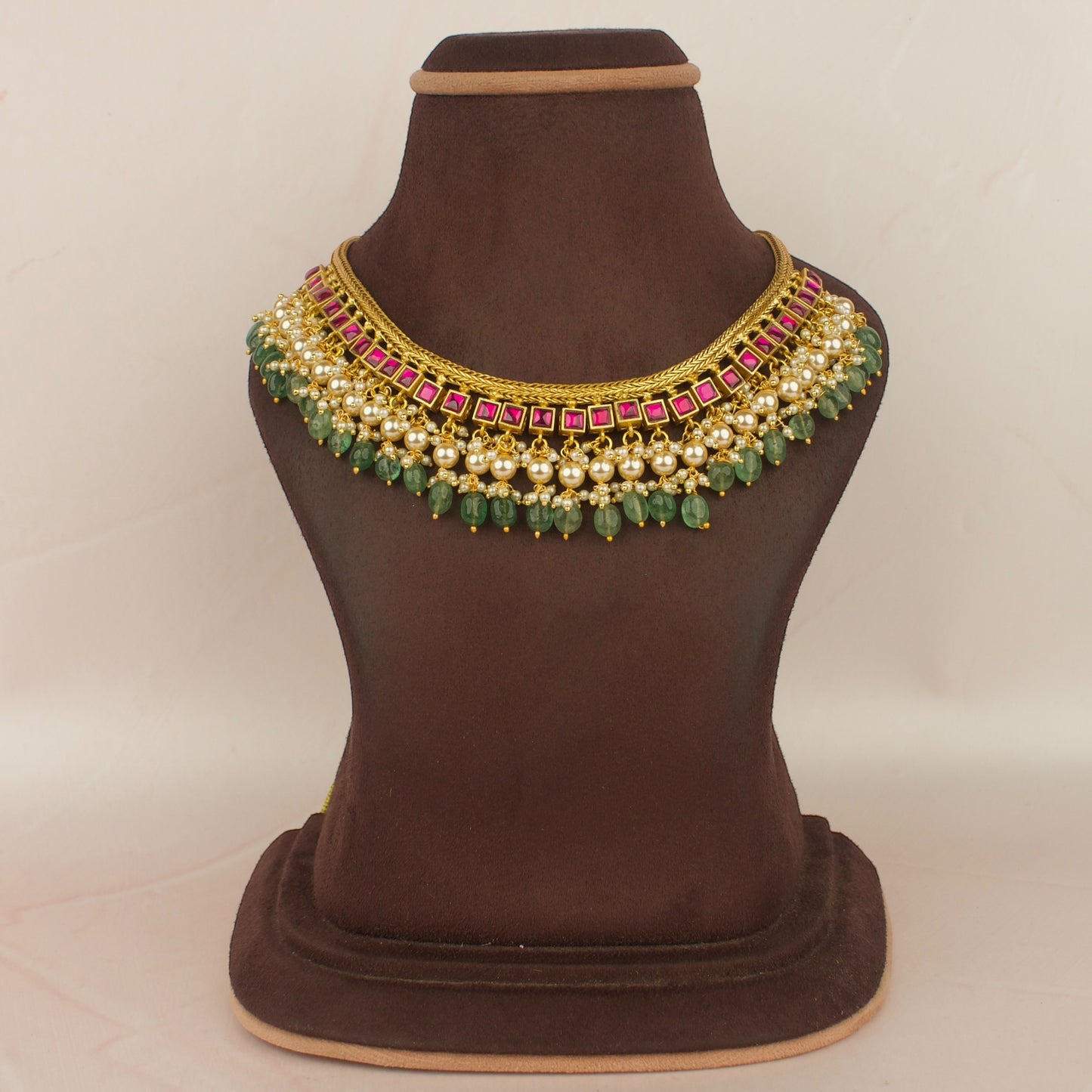 Elegant Jadau Kundan Sleek Necklace With Pearl & Bead Drop