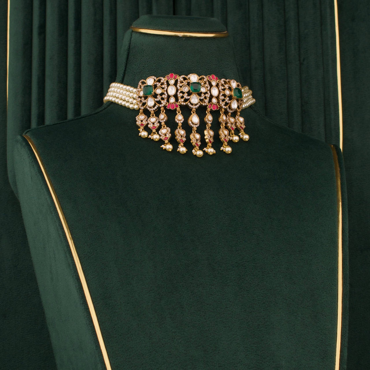 Premium Polki Jadau Kundan Choker With Swarovski Pearls Close-up Design & Gemstone Detailing - Dulhan Jewels