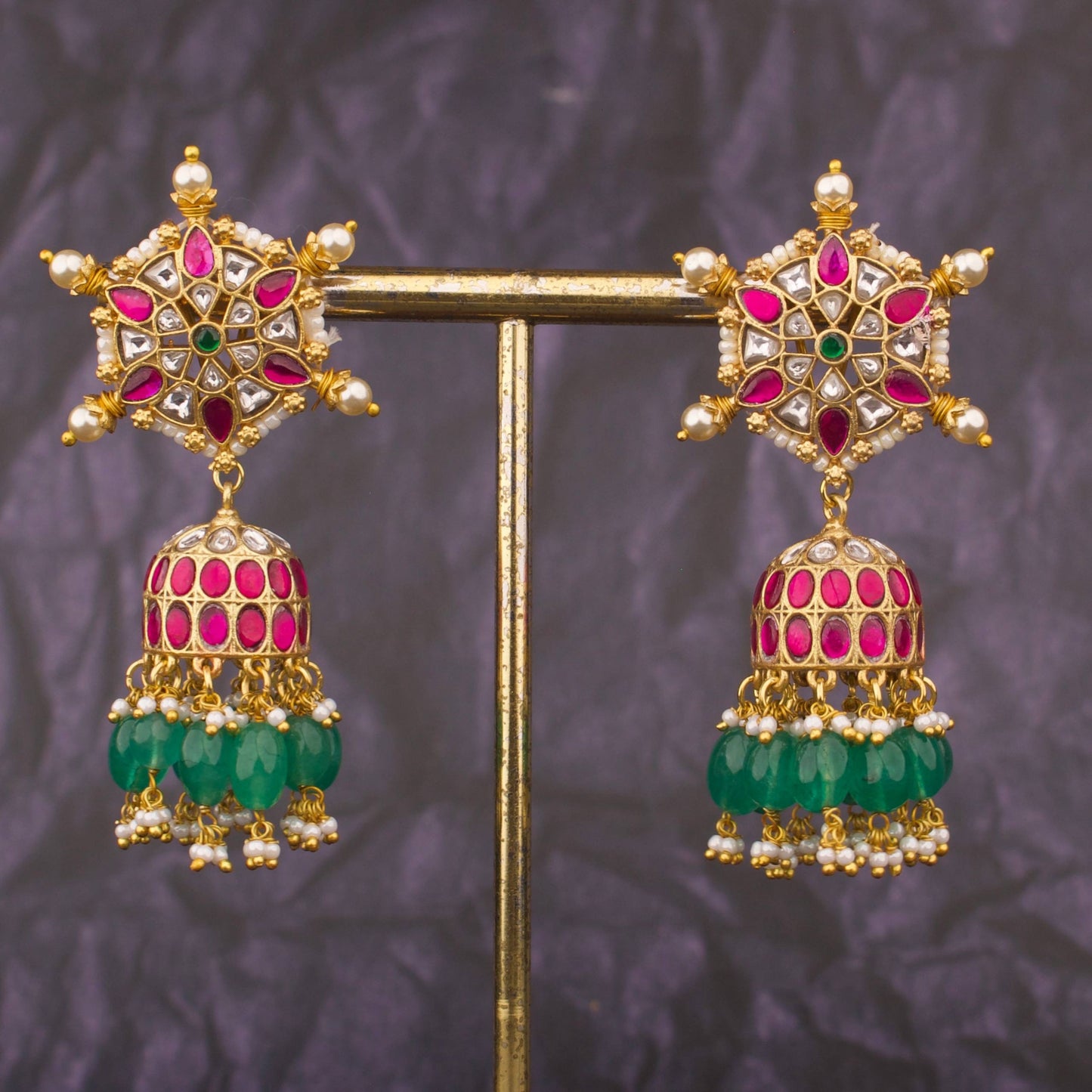 Graceful Jadau Kundan Jhumka Earrings With Green Beads