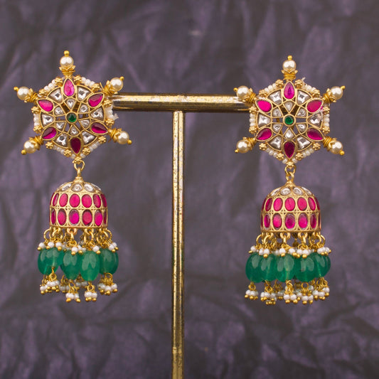 Graceful Jadau Kundan Jhumka Earrings With Green Beads
