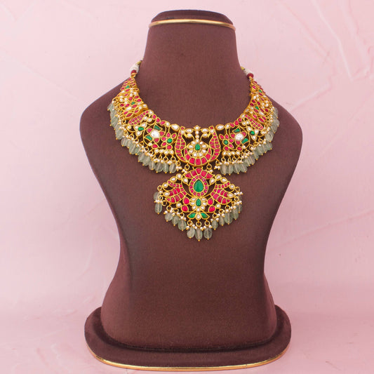 Classic Bridal Jadau Kundan Necklace With Green Drops