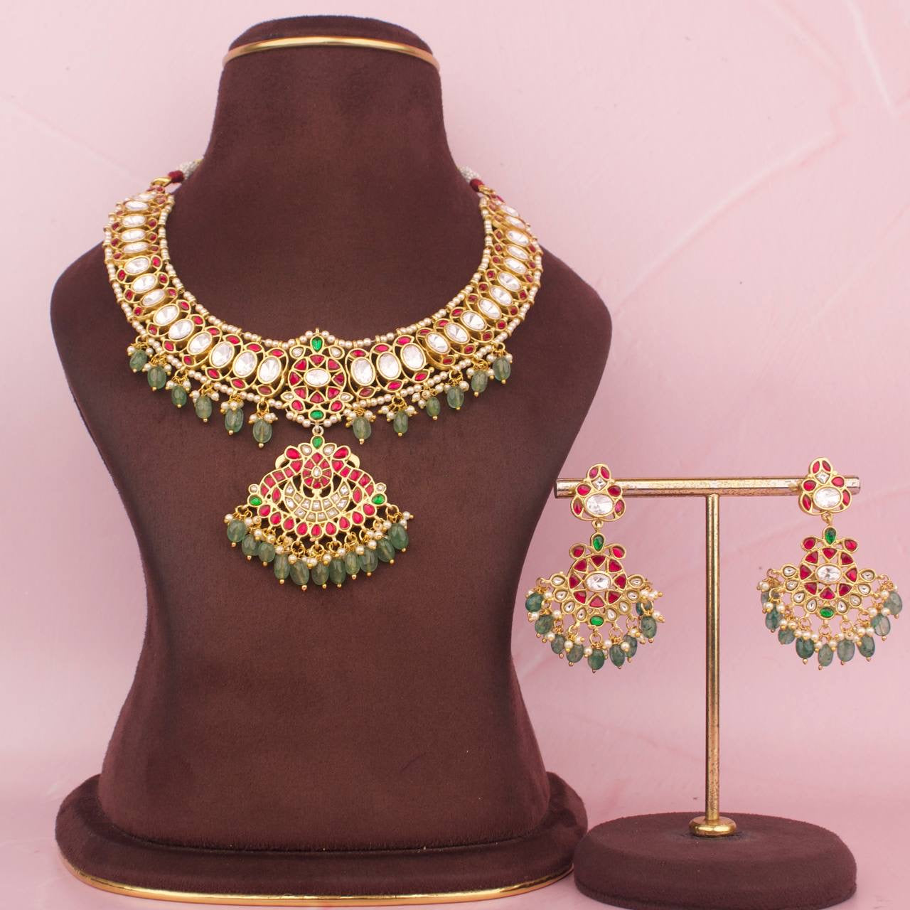 Classic Kundan & Moissanite Polki Necklace With Matching Earrings