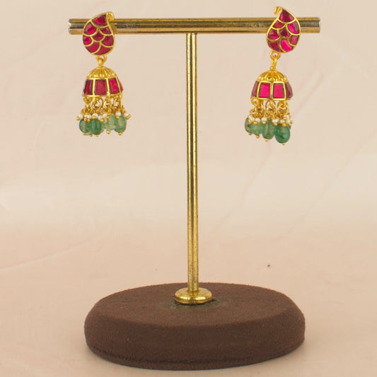 Mango Design Studded Jadau Kundan Jhumki with Green Beads