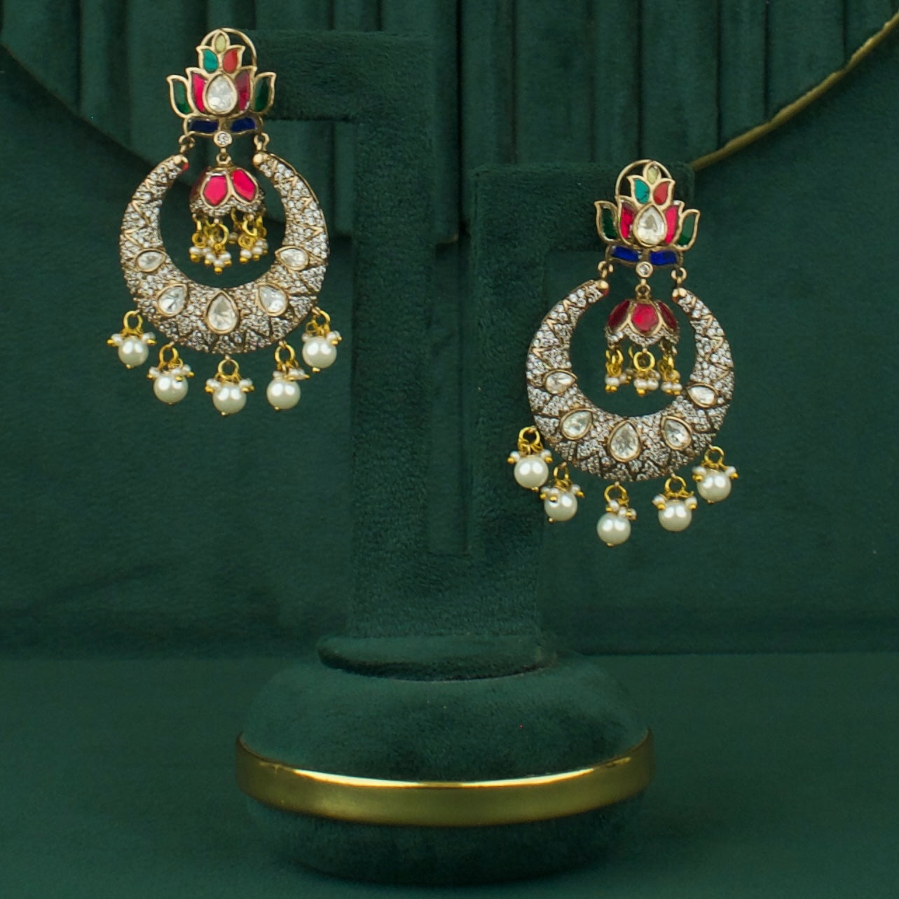Dazzling Lotus Design Polki Mehandi Victorian ChandBali Earrings