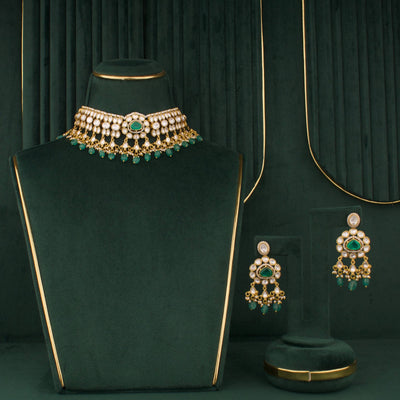 Radiant Victorian Polki Choker With Beads Hangings And Matching Earrings
