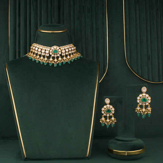 Radiant Victorian Polki Choker With Beads Hangings And Matching Earrings - Handcrafted Indian Bridal Jewelry by Dulhan Jewels