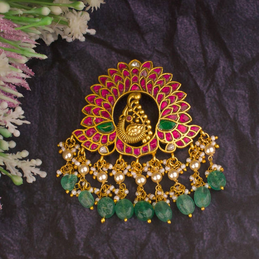 Nakas Kundan Peacock Feather Design Locket With Pearls & Beads Hangings