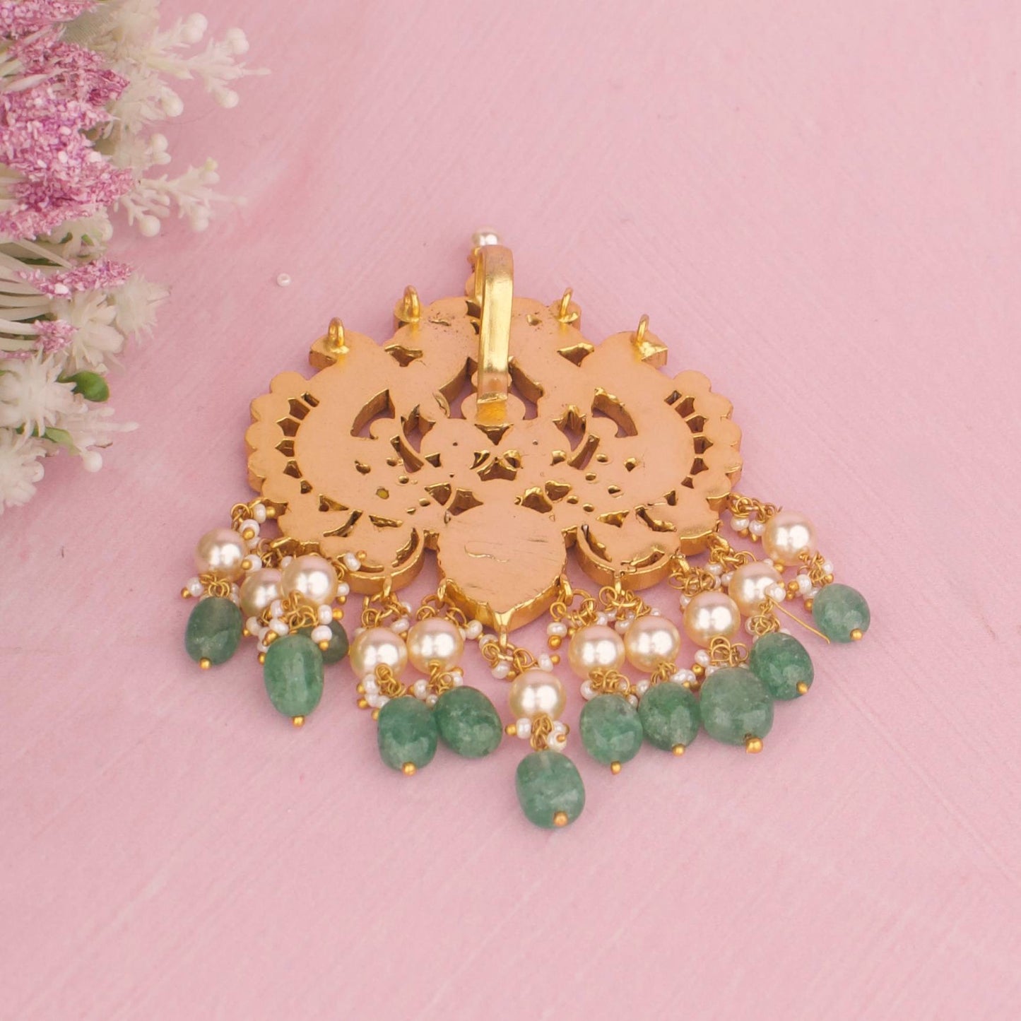 Traditional Jadau Kundan Pendant With Pearl And Green Beads