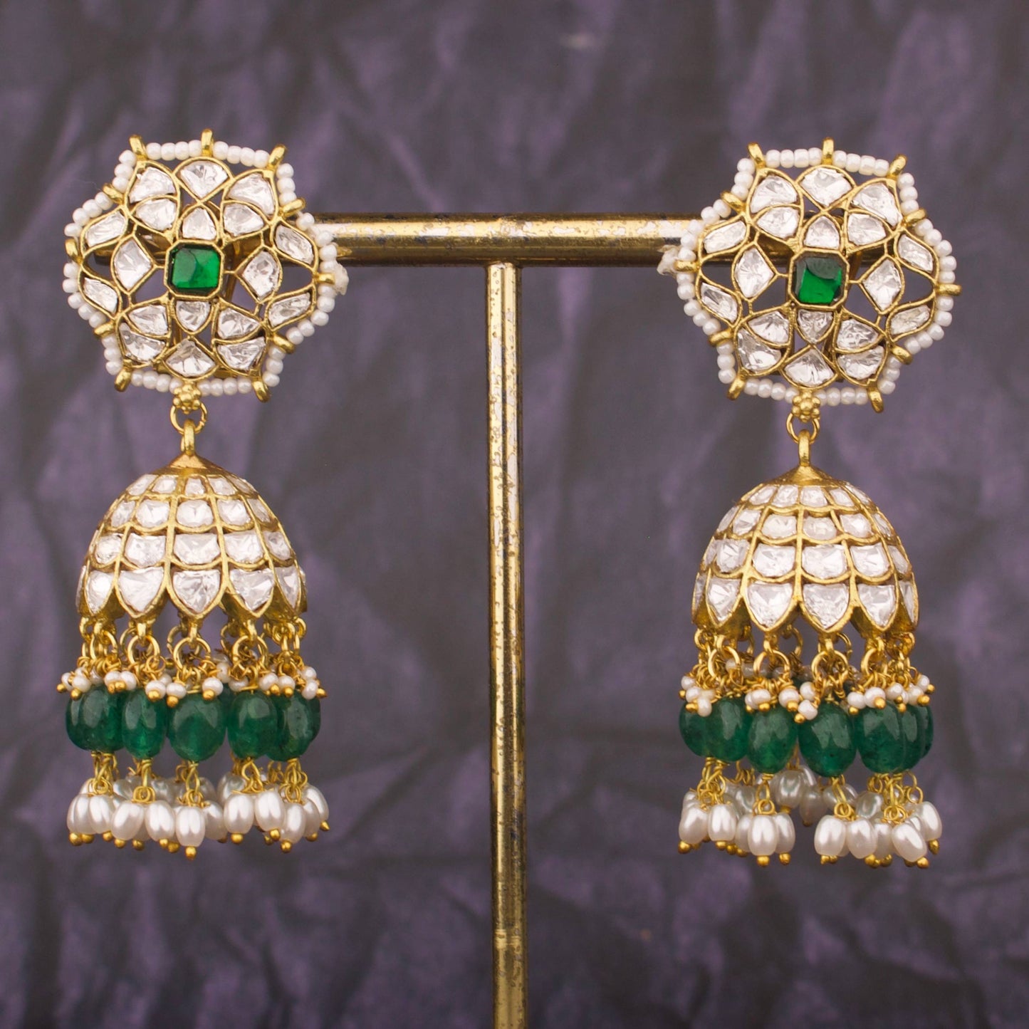 Lavish Jadau Kundan Jhumka Earrings With Green Beads And Pearl Drops