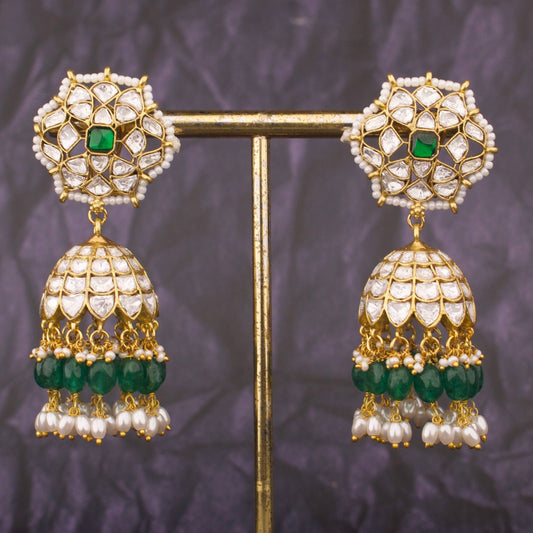 Lavish Jadau Kundan Jhumka Earrings With Green Beads And Pearl Drops
